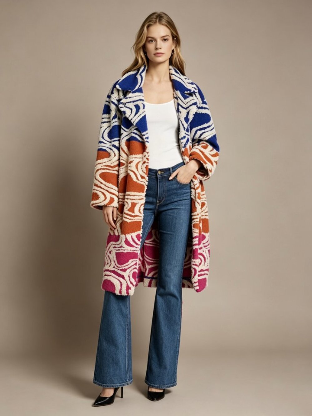 NWOT Farm Rio Wool Blend Hearts Fleece Oversized Coat Size S Multicolor
